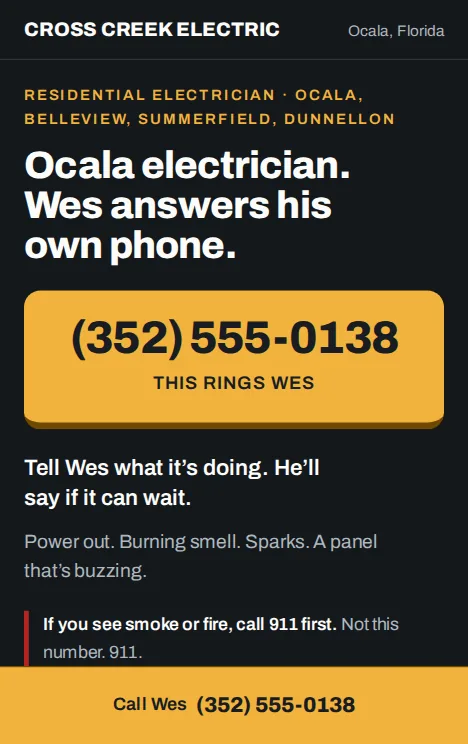 The Cross Creek Electric demonstration site on a phone screen.