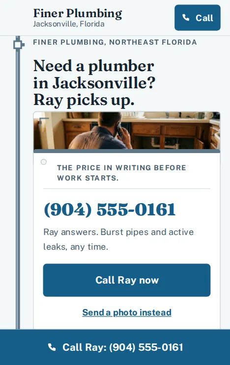 The Finer Plumbing demonstration site on a phone screen.