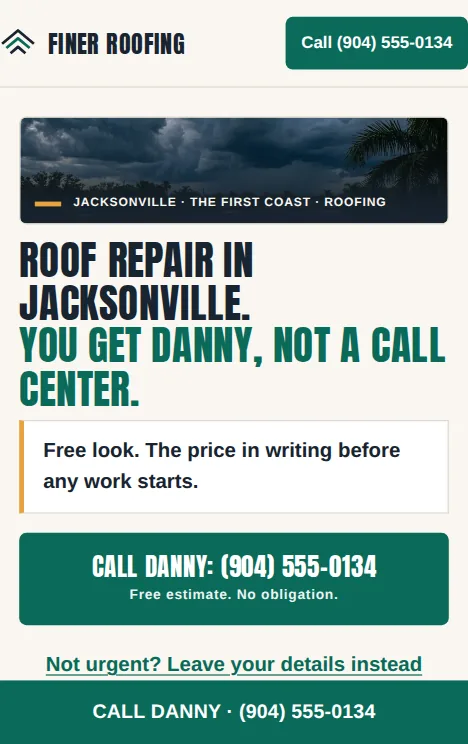 The Finer Roofing demonstration site on a phone screen.
