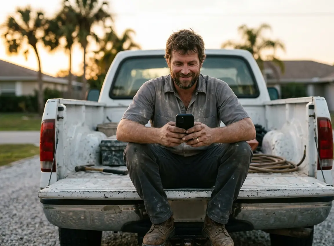A tradesman sitting on the tailgate of his truck at golden hour, looking at his phone and smiling.
